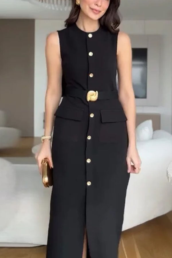 Danina Button Up Sleeveless Metal Belted Pocket Stretch Midi Dress