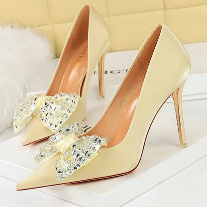 Women Pumps Rhinestone Bow High Heels in Silks and Satins