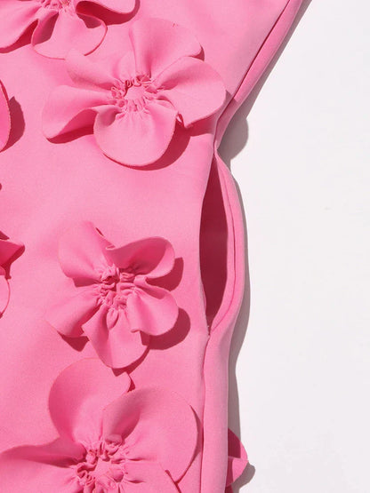 3D Flower Appliqué Mock Neck Midi Dress