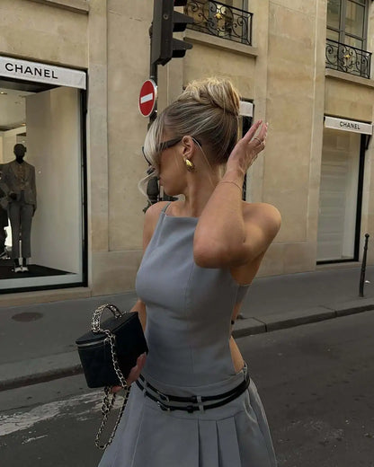 Spaghetti Strap Side Cutout Backless Top and Pleated Mini Skirt Set