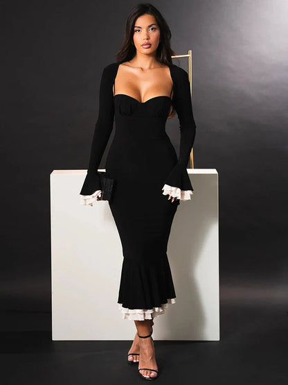 Patchwork Square Collar Evening Fishtail Dress