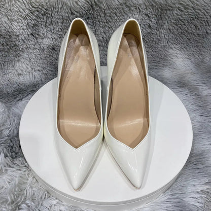 Glossy White Pointy Toe High Heel Shoes with Front V Cut for Women