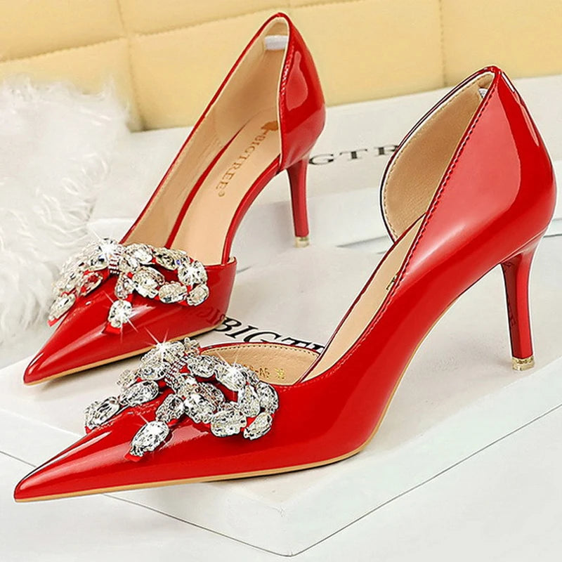 Nude Rhinestone Bowknot High Heels Patent Leather Women Pumps