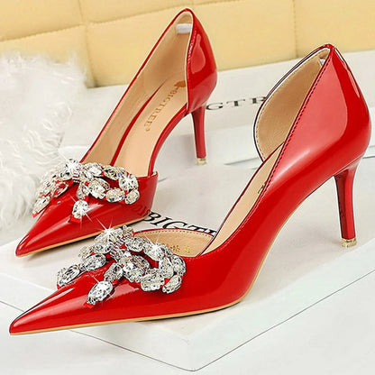 Nude Rhinestone Bowknot High Heels Patent Leather Women Pumps