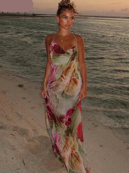 Floral Print Backless Halter Dress with Split for Women