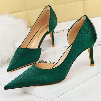 Snake-print Satin Women Pumps with Pointed Toe Kitten Heels
