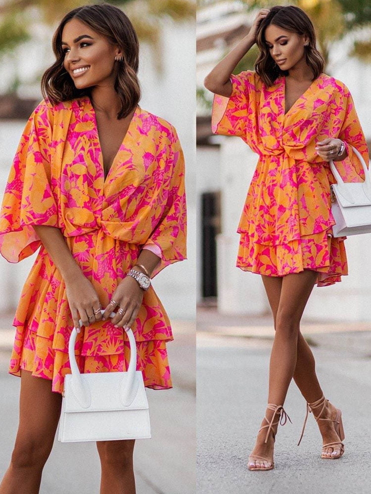 Tropical Floral Print Twist-Waist Kimono Sleeve Tiered Ruffle Mini Dress
