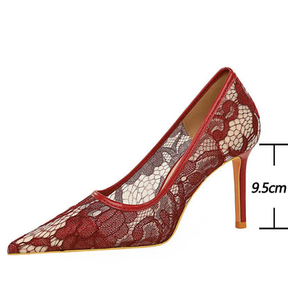 Red Lace Women Pumps with Mesh Hollow High Heels for Sexy Party Style