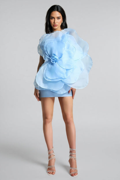 Marielle Mesh Flower One Shoulder Mini Dress-Blue