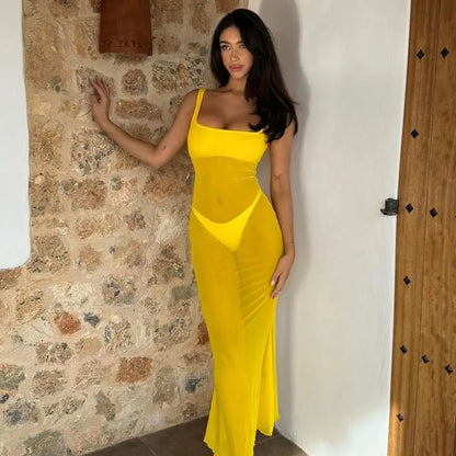 Mesh Square Neck Open Back Solid Long Dress