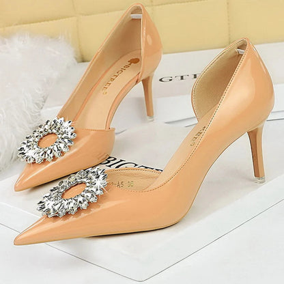 Patent Leather High Heel Pumps with Rhinestone Buckle