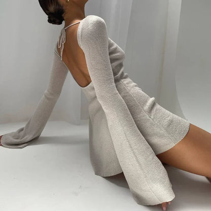 Knit Lace Up Long Sleeve Beach Mini Dress