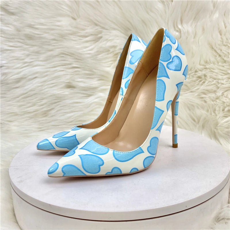 Blue Sweetheart Printed White Pointy Toe High Heel Shoes for Women