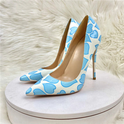 Blue Sweetheart Printed White Pointy Toe High Heel Shoes for Women