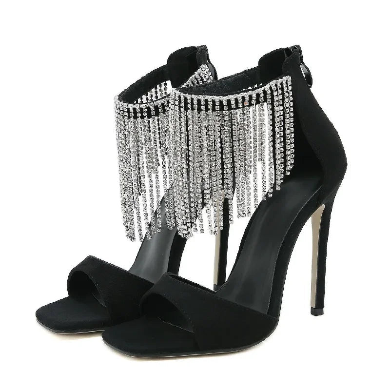 Crystal Fringe Peep Toe Sandals with Zipper and Thin High Heels