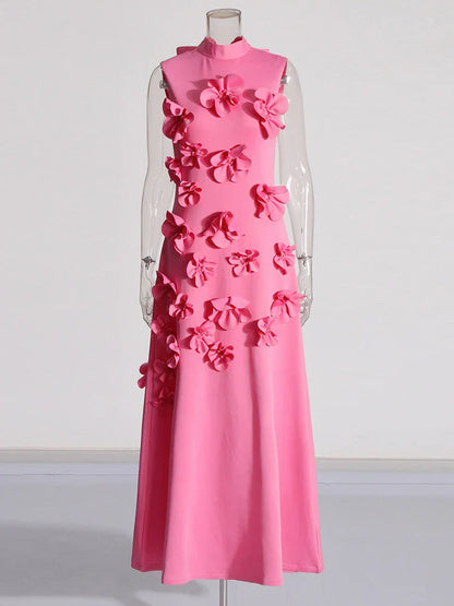 3D Flower Appliqué Mock Neck Midi Dress