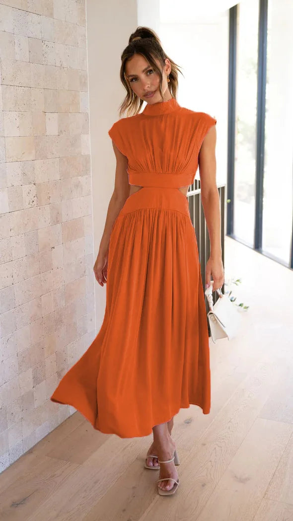 Mock Neck Sleeveless Side Waist Cutout Pleated A-Line Maxi Dress