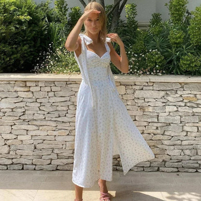 Ditsy Floral Sweetheart Bow Strap Ruched Bodice High Slit Midi Dress