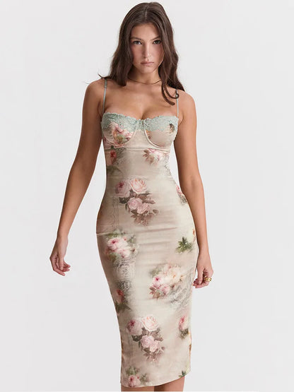 Spaghetti Strap Lace Print Bodycon Vacation Dress