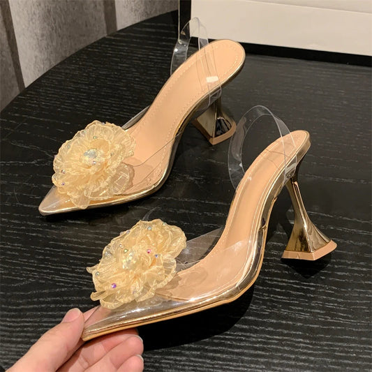 Crystal Flower Designer Women Pumps with Transparent High Heels