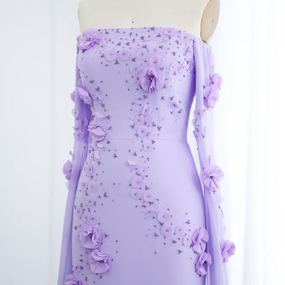 Off-Shoulder Lilac 3D Flowers Evening Dress with Cape Sleeves