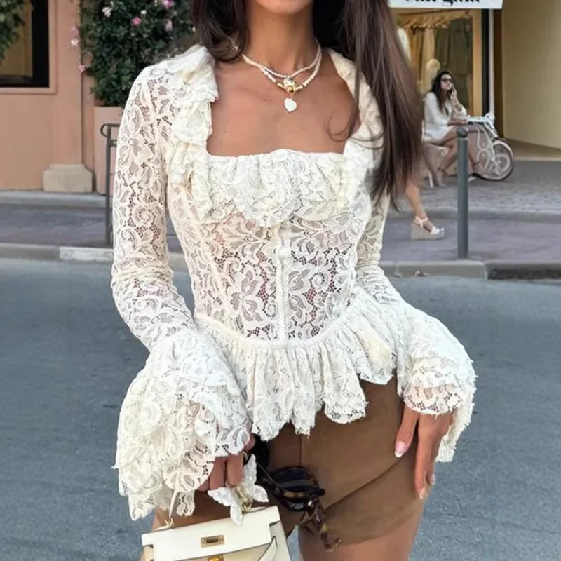 White Lace Ruffled Crop Top Blouse