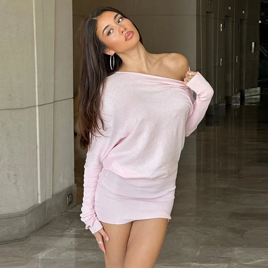 Ribbed Skew Collar Knit Mini Dress