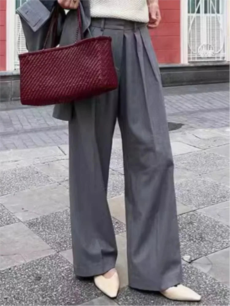 New Autumn Gray Straight Pant Cotton Blend Solid Color High Wiast Loose Woman Trouser Casual Simple Female Clothing New