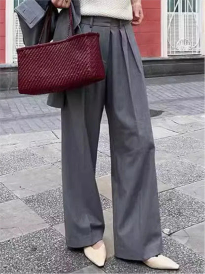 New Autumn Gray Straight Pant Cotton Blend Solid Color High Wiast Loose Woman Trouser Casual Simple Female Clothing New
