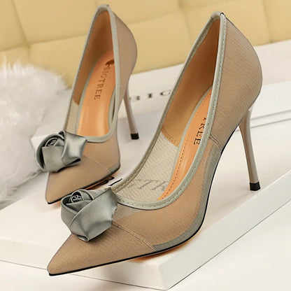 Sexy Party Rose Flower Woman Pumps with Mesh Hollow High Heels