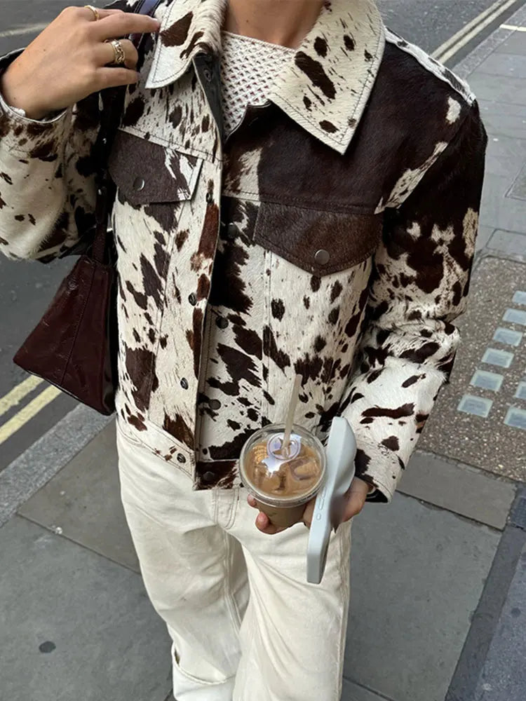 Chic Contrast Color Printed Demi-season Jacket For Women Fashion Lapel Single Breasted Lapel Coat 2024 New Lady High Streetwear