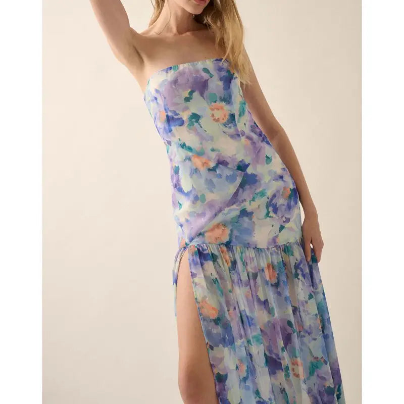 Ruffled Split Floral Bandeau Vacation Dress