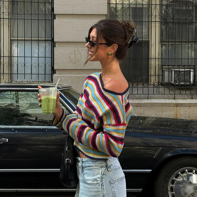 Striped Off Shoulder Pullovers Women Fashion Long Sleeves Contrast Color Tops 2025 Autumn Casual Party Lady New Streetwear