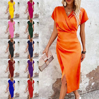 Wrap V-Neck Short Sleeve Side Ruched Slit Midi Dress