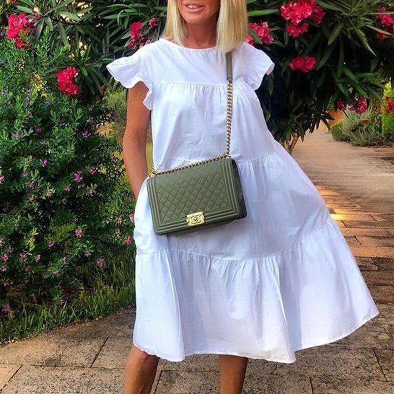 Tiered Ruffle Flutter Sleeve Round Neck Babydoll Mini Dress