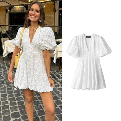 Jacquard Floral V-Neck Puff Sleeve Bubble Hem Mini Dress