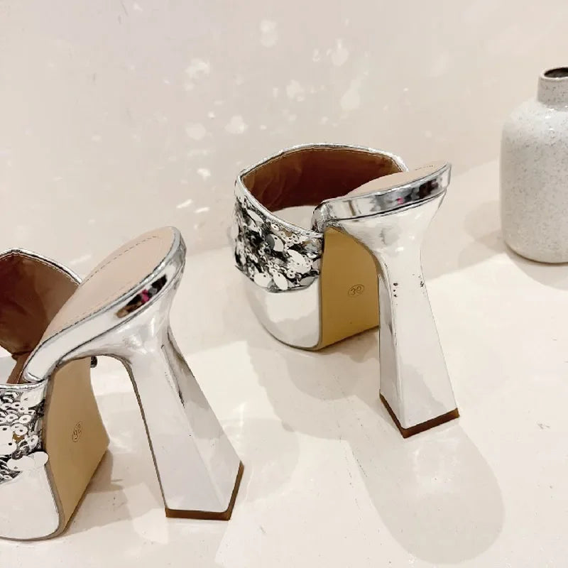 Silver Sequin Cloth Open Toe Platform High Heels Sandals for Women