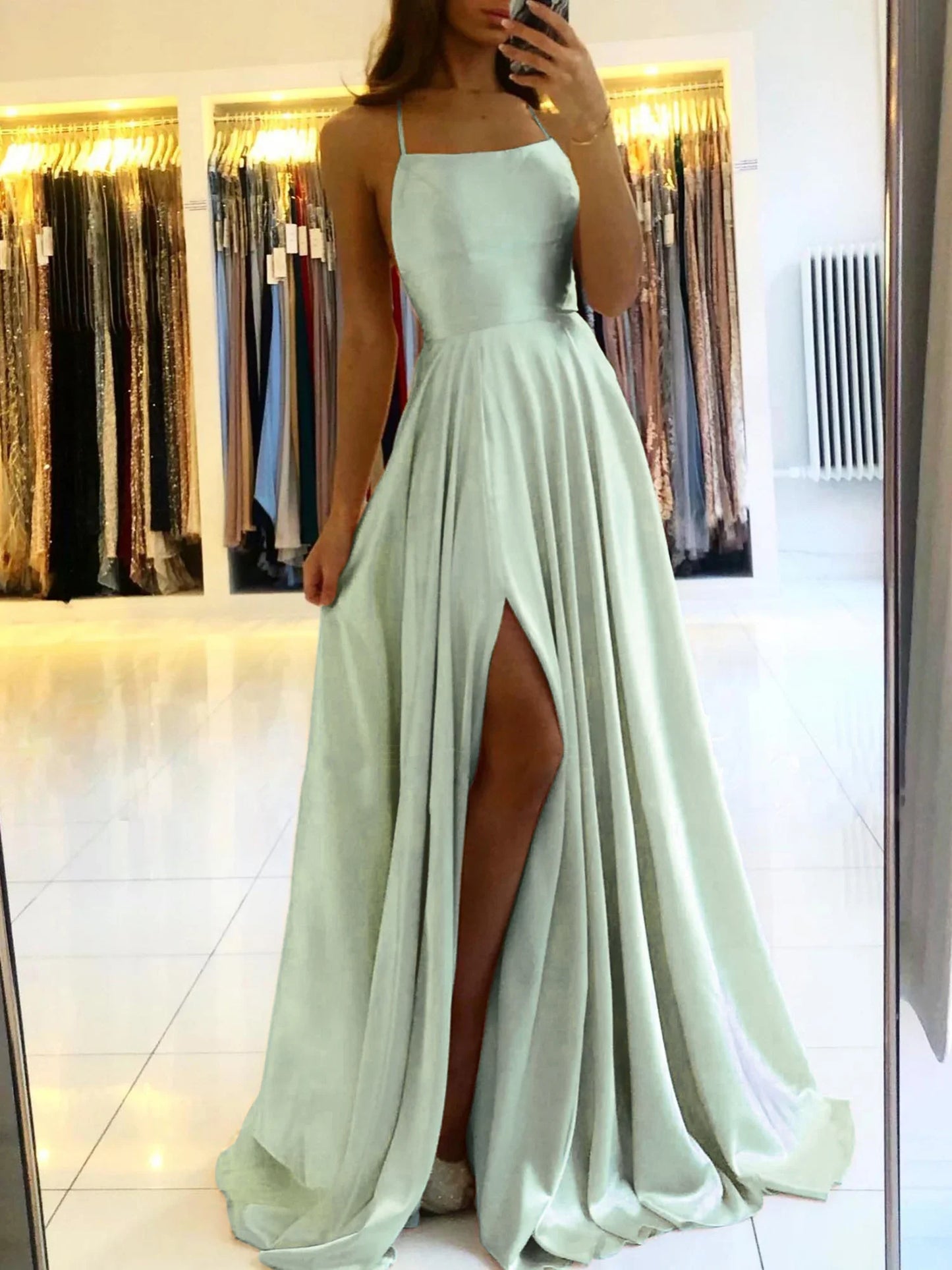 Blue Satin Spaghetti A-Line Prom Dress
