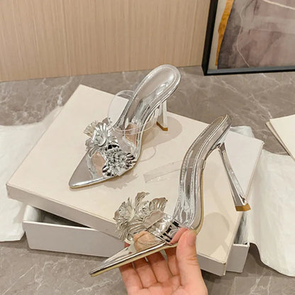 Leather Flowers Pointed Toe Thin High Heels Modern Slippers Women Sandals