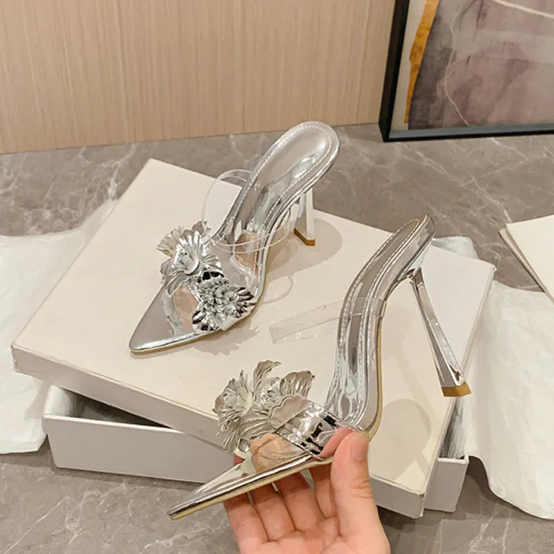 Leather Flowers Pointed Toe Thin High Heels Modern Slippers Women Sandals