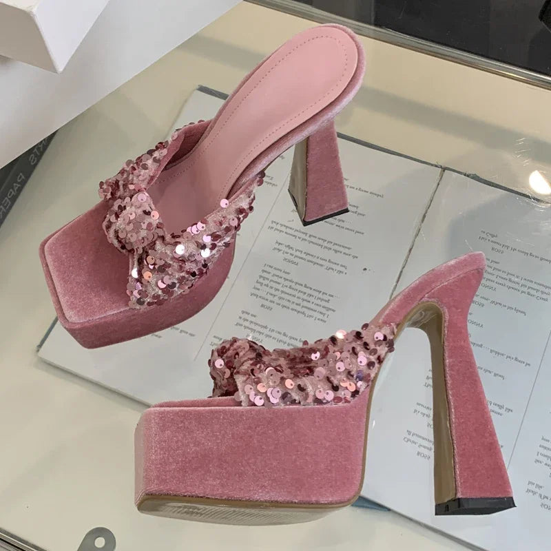 Sequin Cloth Pleated Platform Slide Shoes for Women