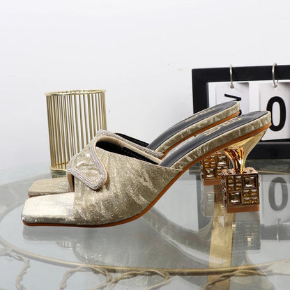Luxury gold high-heeled slippers with special shape for fall