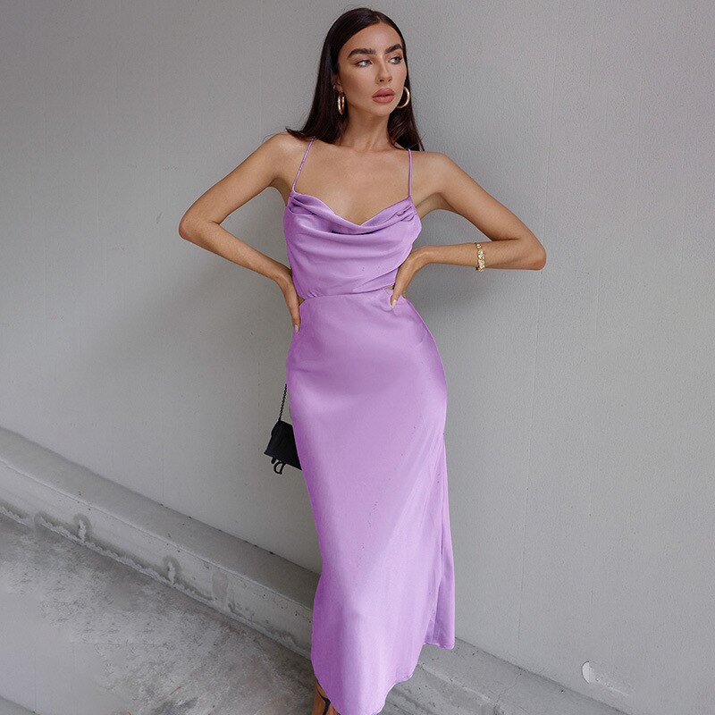 Satin Cowl Neck Spaghetti Strap Bodycon Slip Midi Dress