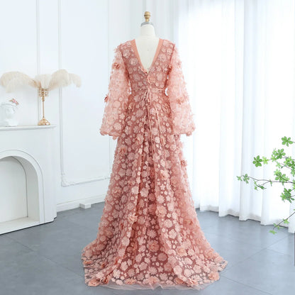 Blush Pink 3D Floral Evening Dress with Bell Sleeves