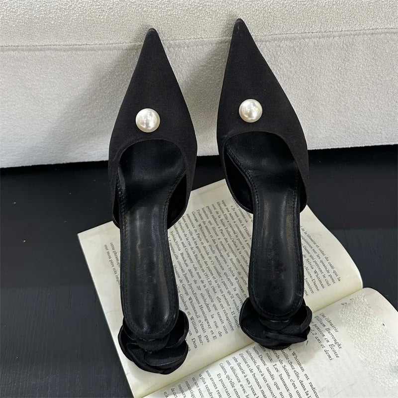 Silk Flower Woman Pumps Shallow Pointed Toe Low Thin Heels Shoes