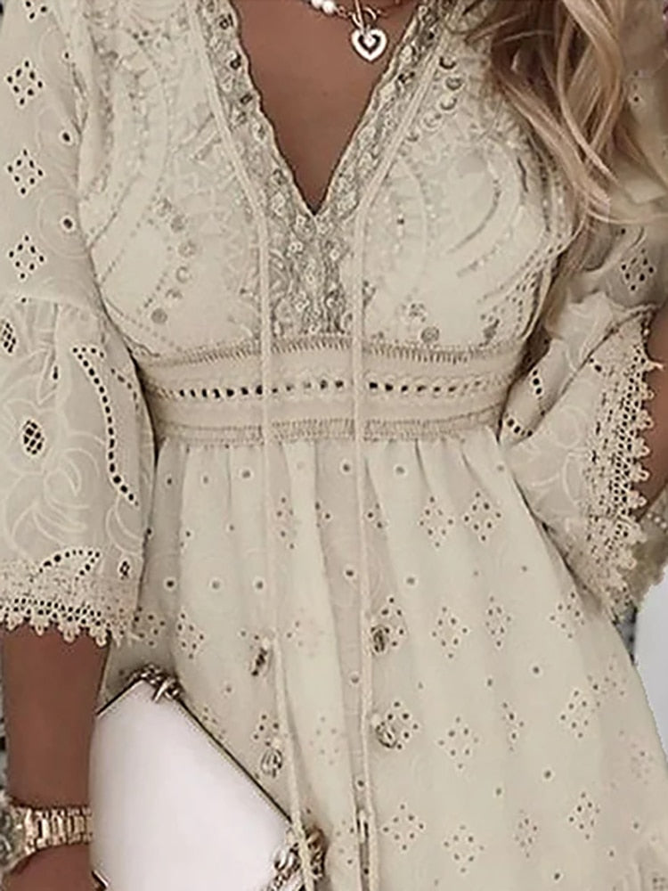 Sequin Embellished Eyelet Embroidery V-Neck Bell Sleeve Empire Waist Mini Dress