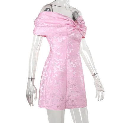Bow Off Shoulder Backless A-line Jacquard Party Dress