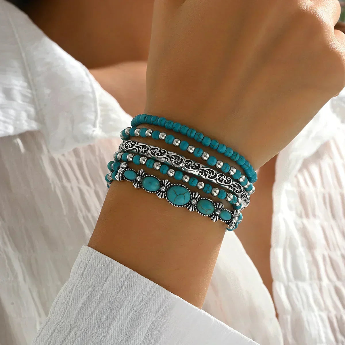 Women's Elegant Layered Turquoise Beaded Bracelet – Multi-Strand Wrist Jewelry