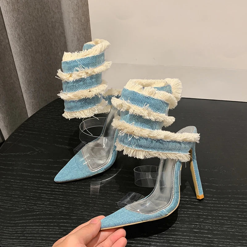 Denim Ankle Sandal with Snake Surround Strap for Women
