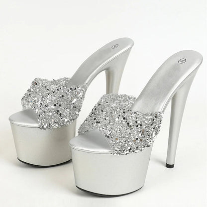 Sequined PVC Super High Heels Modern Slippers